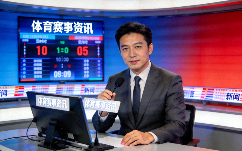 体育新闻演播室内主持人播报赛事资讯的画面