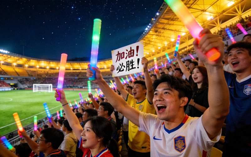 夜间足球场内球迷在看台为球队加油助威的场景